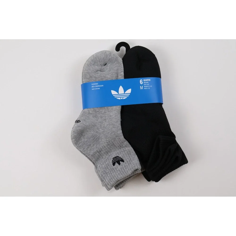 Adidas Socks 6 Pack Quarter Originals Gray Black Medium NWT